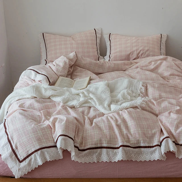 Korean Pure Cotton Lattice Lace Ruffles Boys Girls Bedding Set
