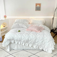 Thumbnail for Pink Blue Korean Princess Twist Flowers Lace Ruffles Skin Friendly Bedding Set