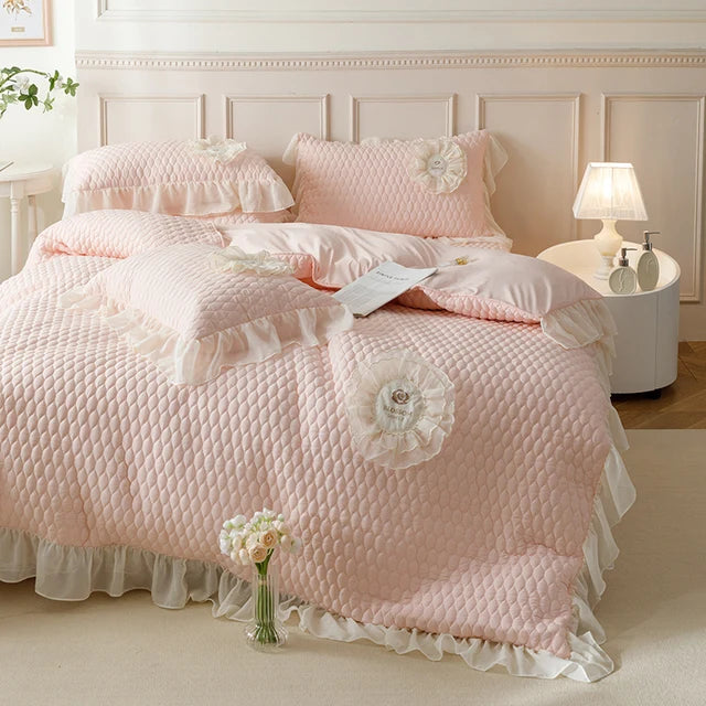 White Pink Korean Princess Blossom Bedskirt 100% Cotton Bedding Set