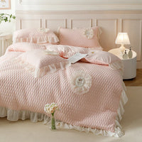 Thumbnail for White Pink Korean Princess Blossom Bedskirt 100% Cotton Bedding Set
