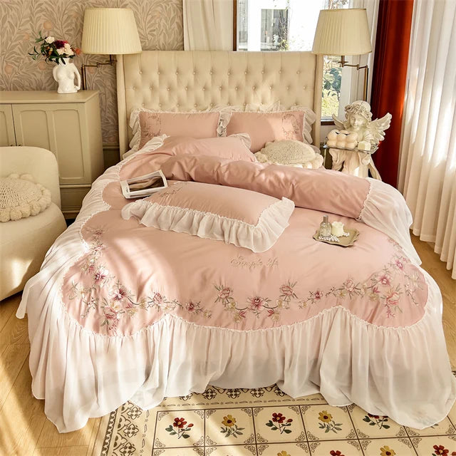 Pink Vintage French Beige Ruffles Flowers Embroidered Egyptian Cotton 1000TC Bedding Set