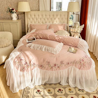 Thumbnail for Pink Vintage French Beige Ruffles Flowers Embroidered Egyptian Cotton 1000TC Bedding Set