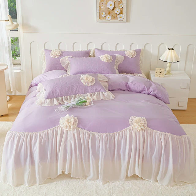 Romantic Pink Floral Pure Cotton Korean Princess Bedding Set - Soft and Elegant Design