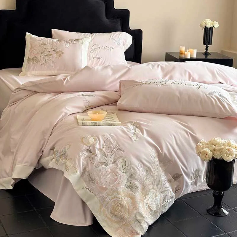 Rose Chic Butterfly Flowers Wedding Embroidery, 100% Cotton Duvet Cover Bedding Set