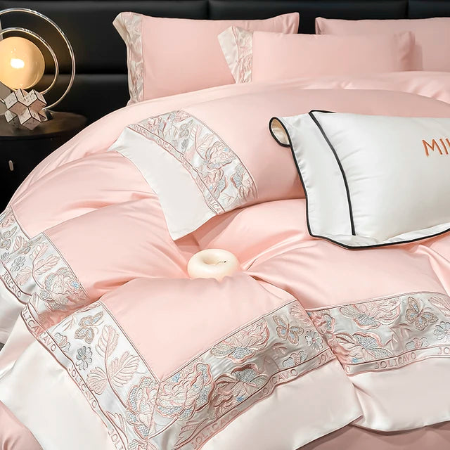 Blue Pink Luxury Rose Butterfly Egyptian Cotton Embroidery Duvet Cover Bedding Set