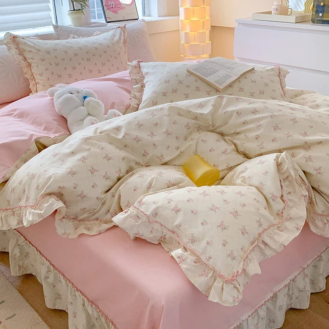 Pink Rose Korean Pastoral Floral Lace Ruffles Girl, 100% Cotton Bedding Set