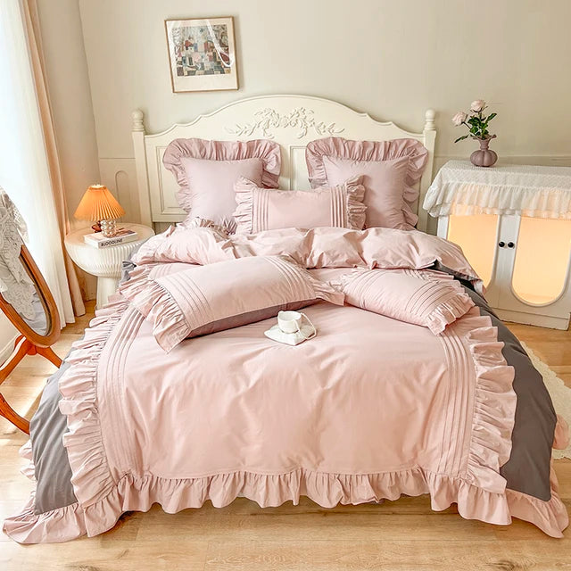 Pink White Korean Princess Pleat Ruffles Pure Cotton Bed Skirt Bedding Set