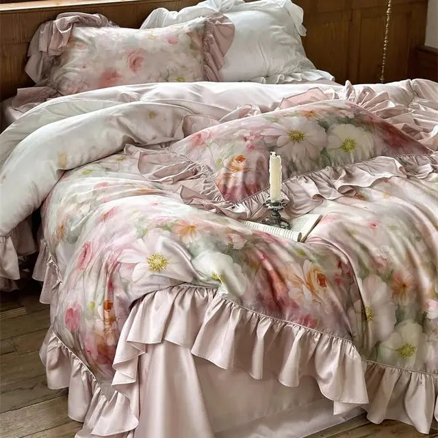 French Floral Print Lyocell Cotton Soft Silky Cool Feeling Bedding Set