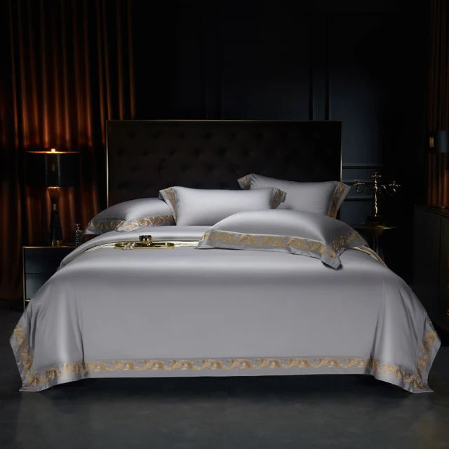 Luxury Grey Gold Embroidered 1400TC Egyptian Cotton Soft Silky Hotel Bedding Set