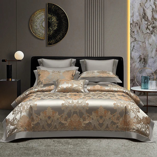 Luxury Blue Gold Baroque Geometric Print 1000TC Egyptian Cotton Bedding Set