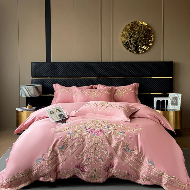 Luxury Rose Gold Baroque Embroidery Duvet Cover, Cotton Bedding Set