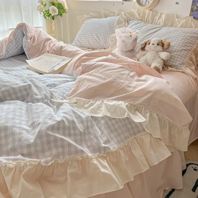 Pink Blue Cozy Cottage Princess Washed Cotton Soft Bedding Set