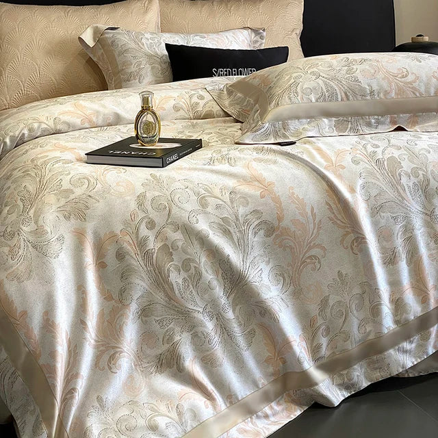 Luxury Baroque Beige Gold Paisley Lyocell Cotton Soft Duvet Cover Set