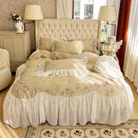 Thumbnail for Pink Vintage French Beige Ruffles Flowers Embroidered Egyptian Cotton 1000TC Bedding Set