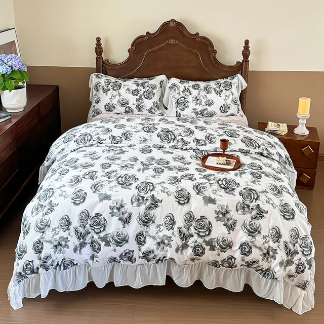 Elegant Vintage Rose Flowers Lace Ruffles Princess Cotton Duvet cover Bedding set