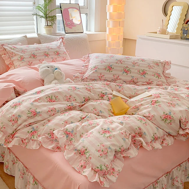 Pink Rose Korean Pastoral Floral Lace Ruffles Girl, 100% Cotton Bedding Set