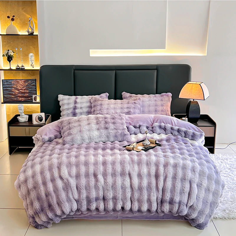 Grey Purple Warm Velvet Fleece Plush Fluffy Bedding Set