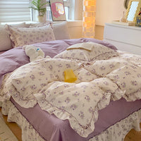 Thumbnail for Pink Rose Korean Pastoral Floral Lace Ruffles Girl, 100% Cotton Bedding Set