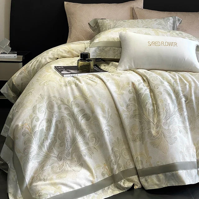 Luxury Baroque Beige Gold Paisley Lyocell Cotton Soft Duvet Cover Set