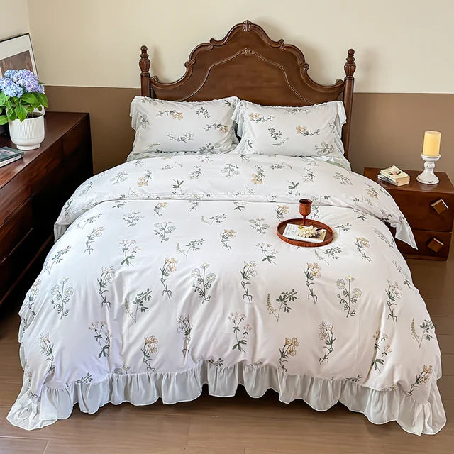 Elegant Vintage Rose Flowers Lace Ruffles Princess Cotton Duvet cover Bedding set