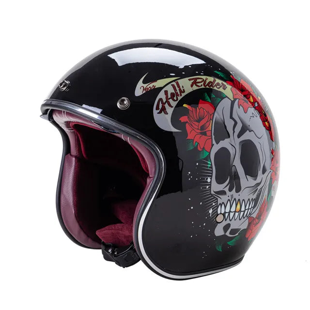Vintage Rose Skull Open Face Racer Retro Motocross Motorcycle Helmets