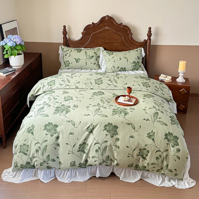 Elegant Vintage Rose Flowers Lace Ruffles Princess Cotton Duvet cover Bedding set