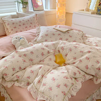 Thumbnail for Pink Rose Korean Pastoral Floral Lace Ruffles Girl, 100% Cotton Bedding Set