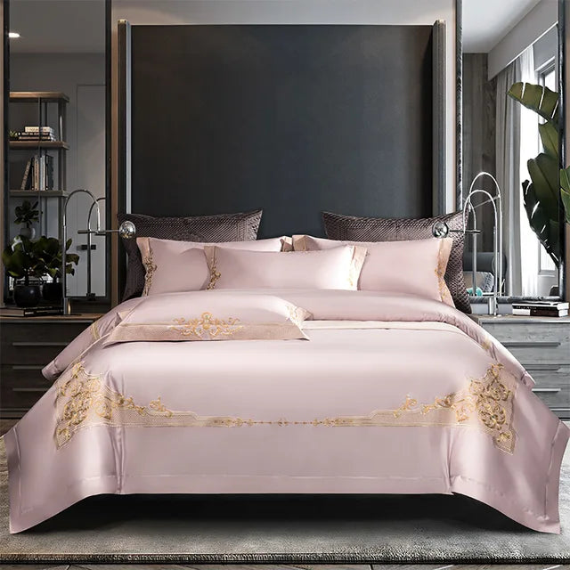 Luxurious White Gold Embroidered Satin Egyptian Cotton 1000TC Bedding Set