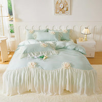 Thumbnail for Romantic Pink Floral Pure Cotton Korean Princess Bedding Set - Soft and Elegant Design