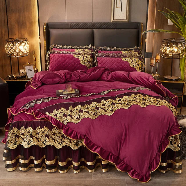 Luxury Blue Gold Royal European Crystal Velvet Bed Skirt Bedding Set