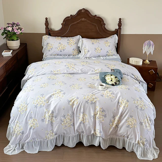 Elegant Vintage Rose Flowers Lace Ruffles Princess Cotton Duvet cover Bedding set