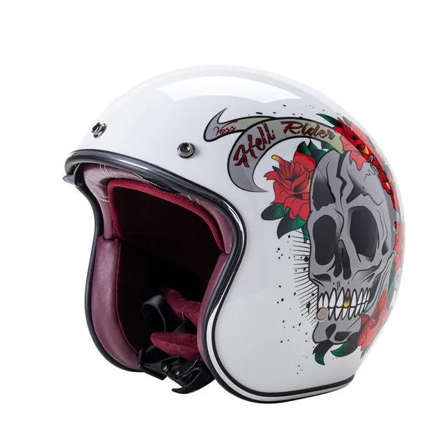 Vintage Rose Skull Open Face Racer Retro Motocross Motorcycle Helmets