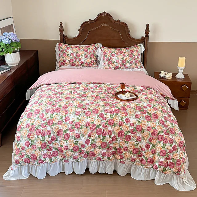 Elegant Vintage Rose Flowers Lace Ruffles Princess Cotton Duvet cover Bedding set