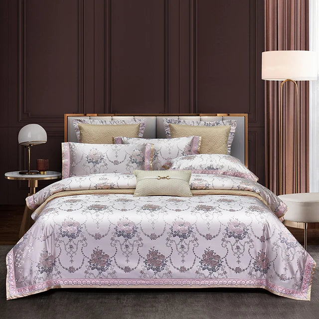 Luxury Purple Gold Jacquard European Egyptian Cotton 1000TC Bedding Set