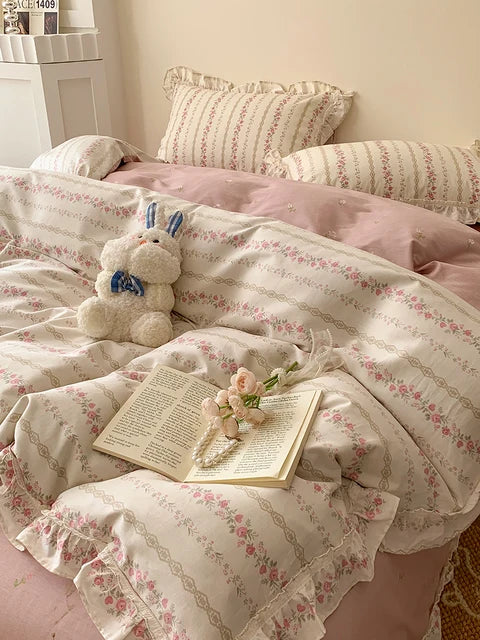 Pink Rose Korean Pastoral Floral Lace Ruffles Girl, 100% Cotton Bedding Set