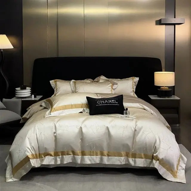 Luxury Gold Satin European Jacquard Egyptian Cotton 1000TC Bedding Set