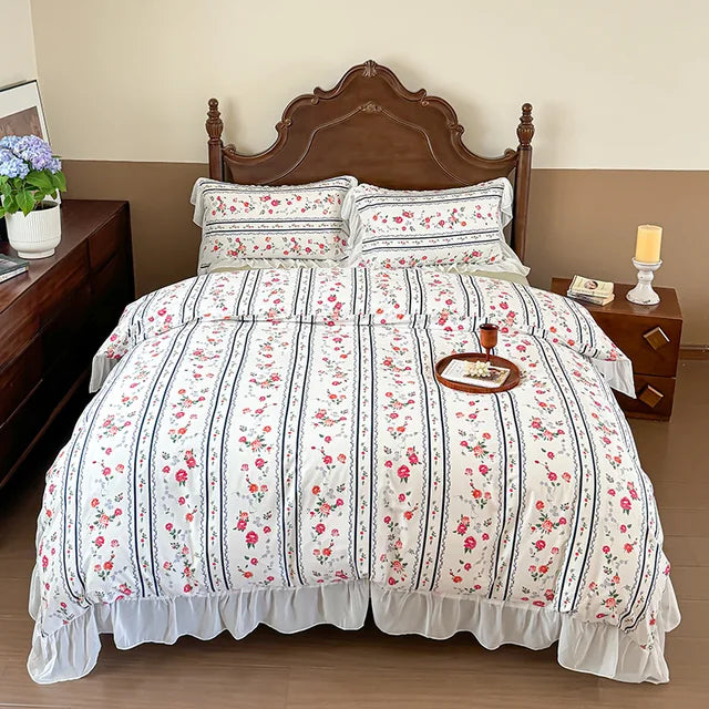 Elegant Vintage Rose Flowers Lace Ruffles Princess Cotton Duvet cover Bedding set