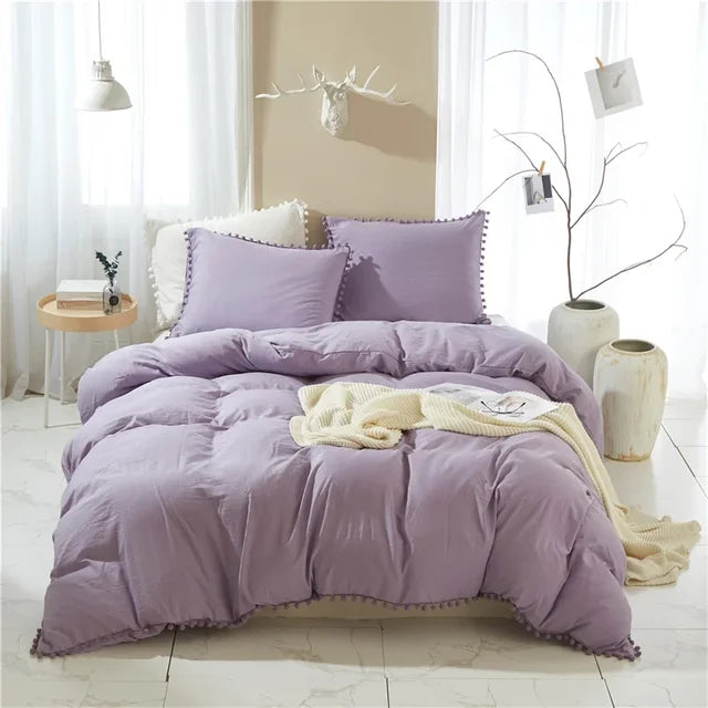 Pure White Purple American Furball Tassel Premium Cotton Duvet Cover Bedding Set