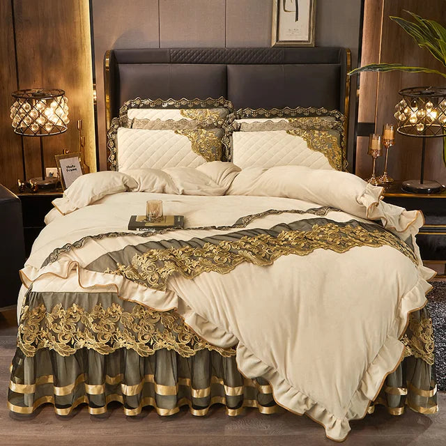 Luxury Blue Gold Royal European Crystal Velvet Bed Skirt Bedding Set