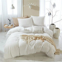 Thumbnail for Pure White Purple American Furball Tassel Premium Cotton Duvet Cover Bedding Set