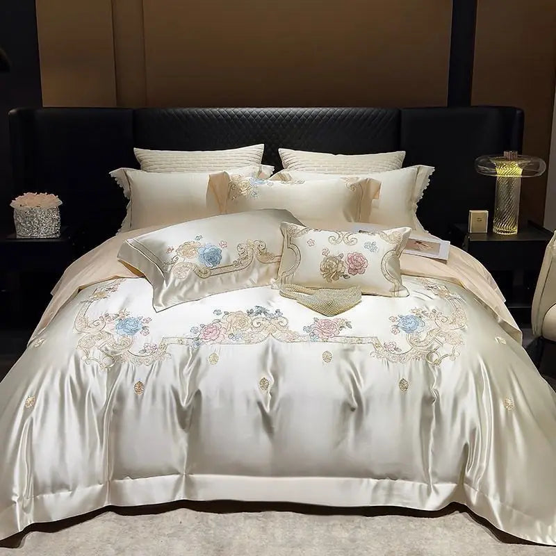 Luxurious Champagne Patchwork Rose Egyptian Cotton 1000TC Flowers Embroidered Bedding Set