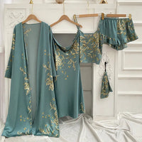 Thumbnail for Floral Nature Silk Robe Sleep Suit Lace Satin Pajamas V-Neck Nightwear Sleepwear