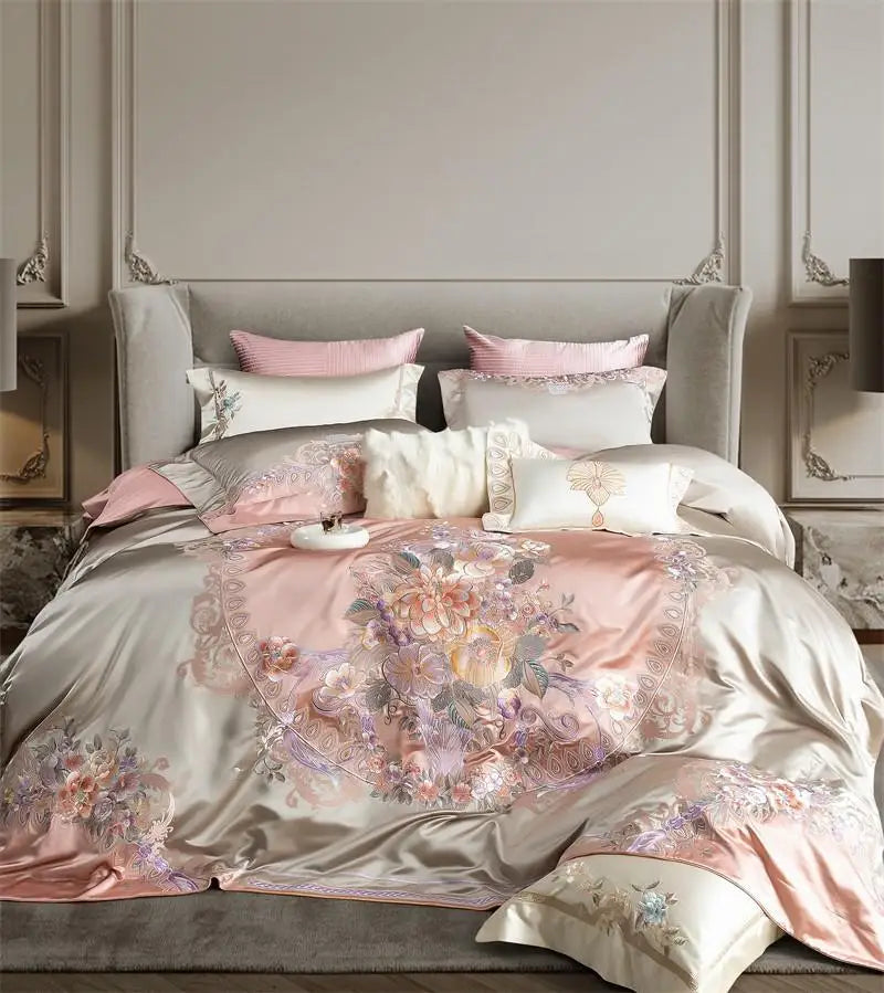 Victorian Pink Peony Flowers 1000TC Cotton Satin Patchwork Bedding Set