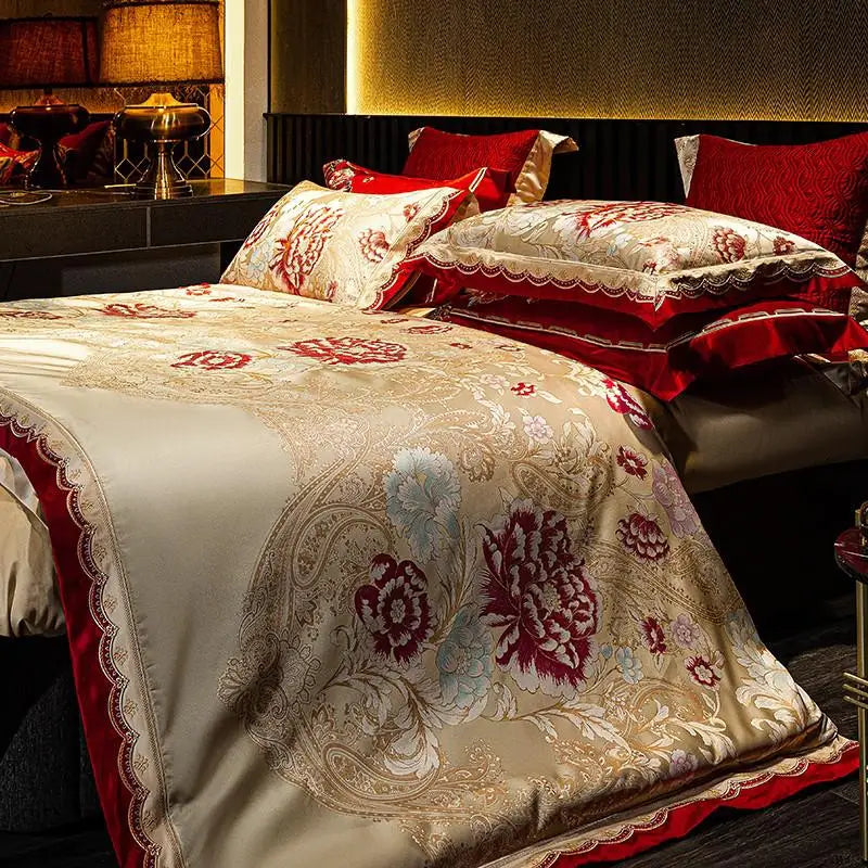 Romantic Chic Red Flower Satin Jacquard Deluxe Bedding Set