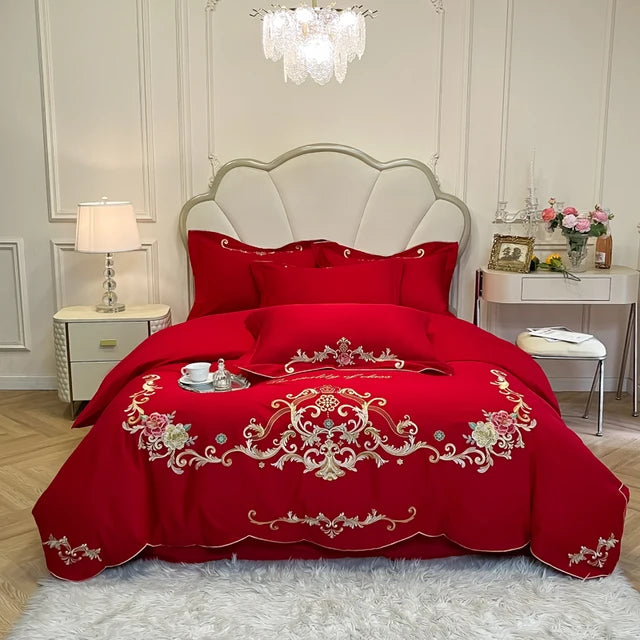 Gold Red Rose Flowers Embroidery Luxury Duvet Cover, Cotton Bedding Set