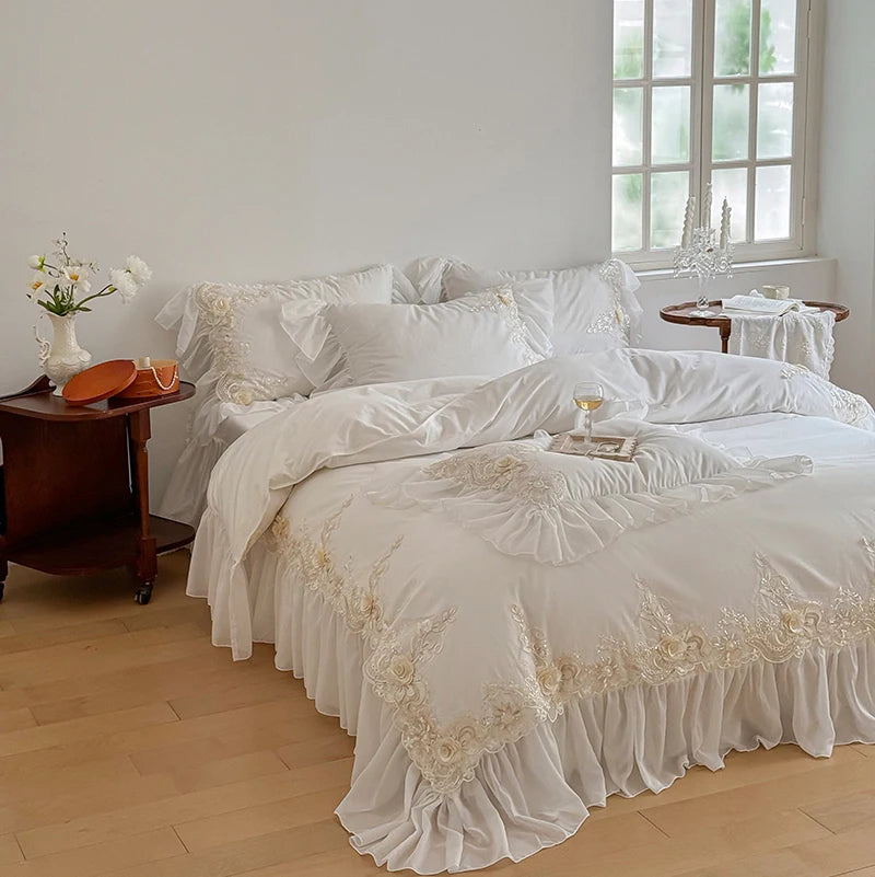 Pink Gold Royal Luxurious French Rose Embroidered Duvet Cover Set, Cotton Bedding Sets