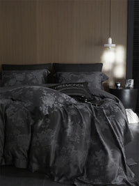 Thumbnail for Luxury Dark Gray Vintage Jacquard Lyocell Soft Silky Duvet Cover Bedding Set