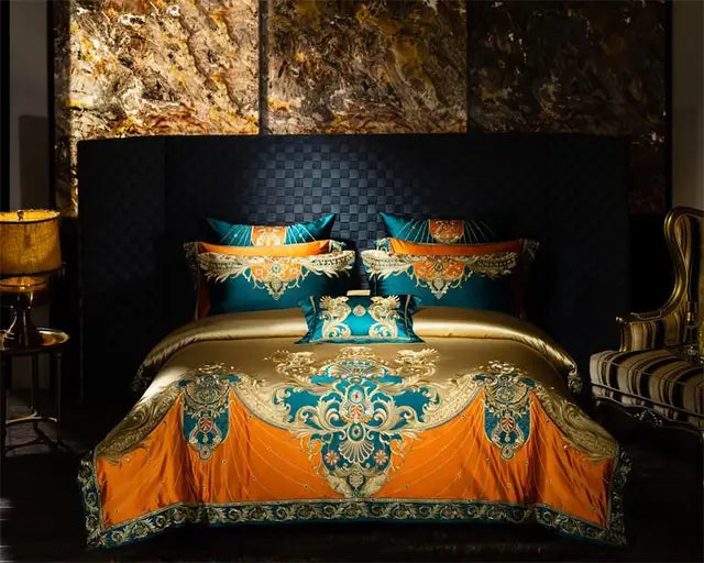 Premium Golden Green Royal Jacquard 1000TC Embroidery Patchwork Duvet Cover Bedding Set