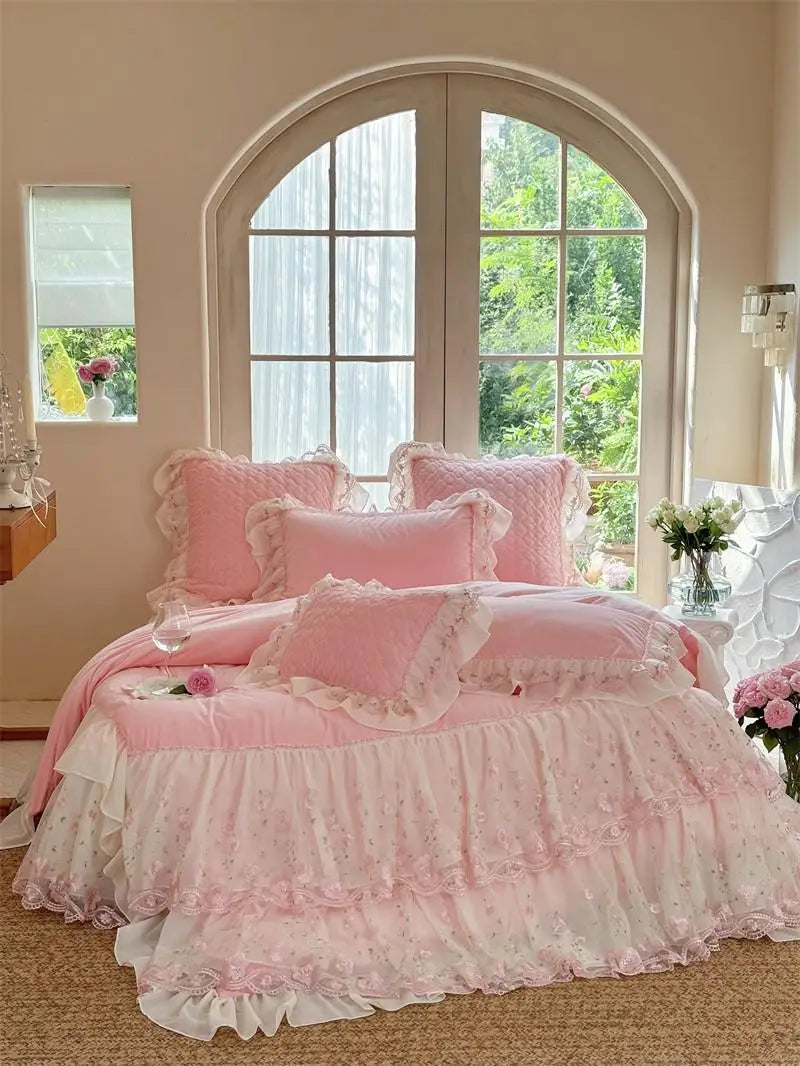 Victorian Pink Floral Crystal Velvet Bedskirt Bedding Set