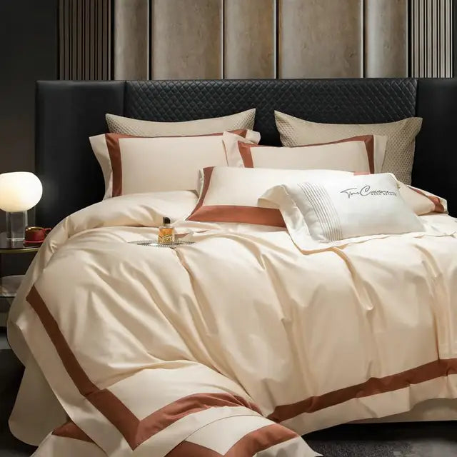 Luxury Brown Red Long Striped Egyptian Cotton Sateen 1000TC Patchwork Bedding Set